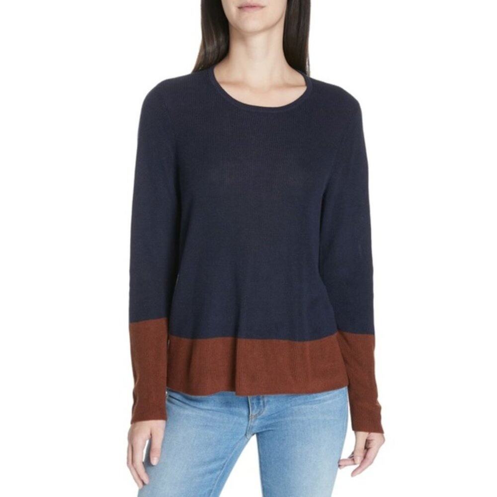 Eileen Fisher Colorblock Tencel Silk Blend Long Sleeve Sweater Navy Brown Small